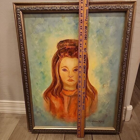 Unknown Painter Portrait Red Headed Girl Green Eyes Oil Painting 1967 Framed - Picture 6 of 9